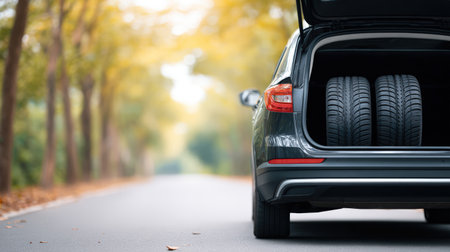 Open trunk of a vehicle displays new tires, parked on a peaceful road with trees, emphasizing automotive care and readiness for seasonal driving conditionsの素材