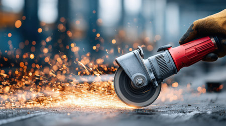 Skilled worker operates handheld angle grinder, producing sparks while cutting metal in a workshop, highlighting dedication and expertise in craftsmanshipの素材