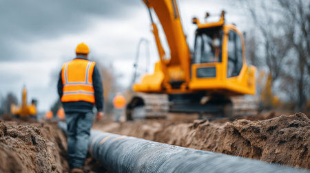 Male construction worker in safety gear walks beside a trench with a large pipe, while excavator machinery operates nearby, illustrating construction site activityの素材