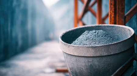 Gray bucket filled with concrete mixture is positioned on a construction site, surrounded by wooden scaffolding and blurred background, emphasizing industrial workの素材