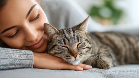 Female with long hair is peacefully resting her head on a soft blanket, cuddling a tabby cat, creating a tranquil atmosphere of love and comfortの素材