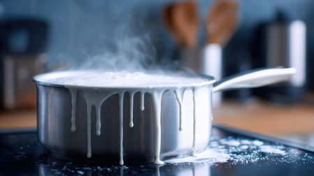 Boiling milk in a stainless steel pot, steam and milk spilling over edges, creating a warm kitchen scene filled with culinary energy and home cooking vibesの素材