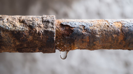 Close-up of a corroded metal pipe with water droplet at the joint, highlighting the texture and deterioration in an industrial settingの素材