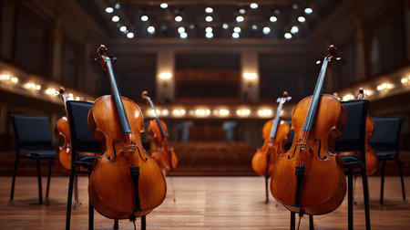 Beautiful wooden cellos are arranged in a concert hall, highlighting their craftsmanship and elegance, with soft lighting and empty chairs creating a serene atmosphereの素材