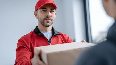 Male delivery person in red attire is presenting a cardboard package to a customer in a well-lit indoor environment, highlighting service and interactionの素材
