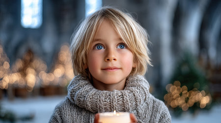 Boy with light blonde hair holds candle, dressed in warm sweater, surrounded by twinkling lights and holiday decorations, creating a joyful ambianceの素材
