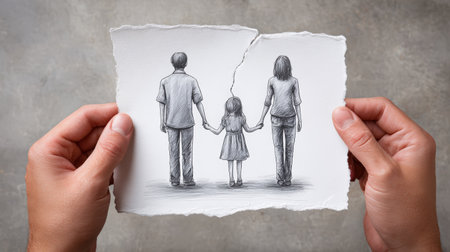 Hands grasp a torn drawing of a family unit, featuring a father, mother, and child, illustrating themes of separation and emotional distance in family relationshipsの素材