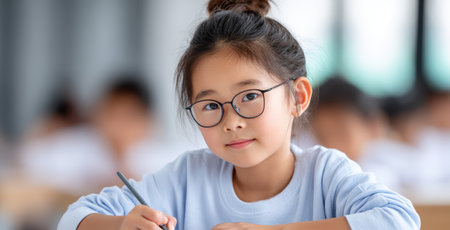 Girl with glasses is engaged in writing in a classroom, surrounded by peers, reflecting concentration and enthusiasm for education and personal developmentの素材