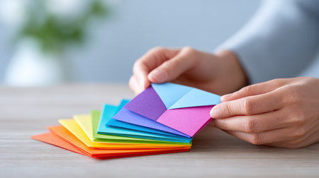 Hands are carefully organizing vibrant paper envelopes in a gradient pattern on a wooden surface, highlighting creativity and attention to detail in a workspaceの素材