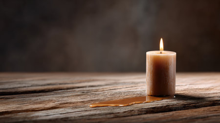 Warm candlelight illuminates rustic wooden surface, with wax gently dripping down, creating a tranquil and inviting atmosphere for relaxation and meditationの素材
