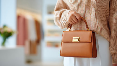 Fashionable female figure with a brown handbag, dressed in a soft sweater, stands in a boutique, surrounded by stylish clothing and accessories, embodying modern eleganceの素材