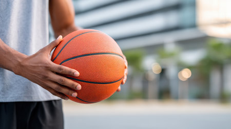Male basketball player is gripping an orange basketball, dressed in athletic wear, with an urban setting in the background, creating a dynamic sports sceneの素材