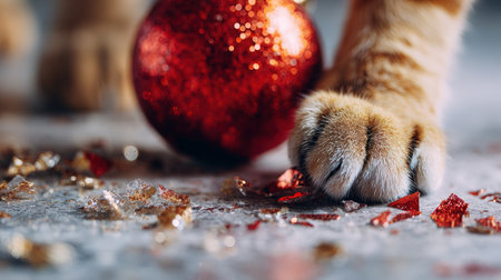 Feline paw interacts with a vibrant red ornament on a decorated surface, surrounded by colorful fragments, evoking a joyful holiday atmosphereの素材