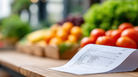 Vibrant assortment of fruits and vegetables on wooden table, with grocery receipt in focus, showcasing healthy food options and shopping atmosphereの素材