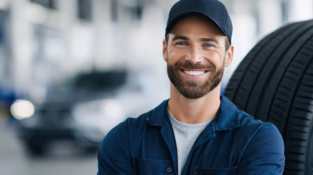 Confident male technician in blue work uniform stands in automotive garage, surrounded by tires and vehicles, demonstrating skills in car maintenance and repairの素材