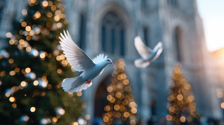 Doves soar in the air near beautifully adorned Christmas trees, with a majestic building softly blurred in the background, creating a festive atmosphereの素材