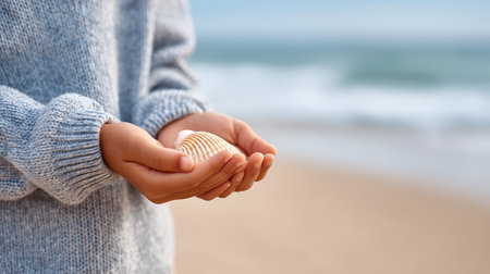 Child is holding gently a seashell in hands, wearing a soft sweater, standing on sandy beach with calm waves and warm sunlight creating a peaceful coastal sceneの素材