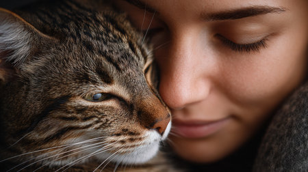 Female with brown hair is cuddling a tabby cat, capturing a tender moment of love and companionship, emphasizing warmth and intimacy in a serene settingの素材