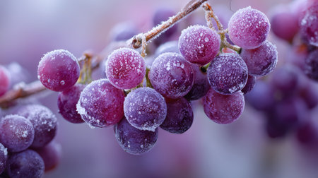 Close-up view of frosted grapes on vine, displaying vibrant purple colors and icy texture, emphasizing the natural beauty and seasonal charm of winter fruitsの素材