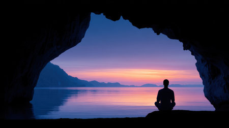 Individual in a meditative pose inside a cave, overlooking calm waters and distant mountains, illuminated by a beautiful sunset, evoking tranquility and reflectionの素材
