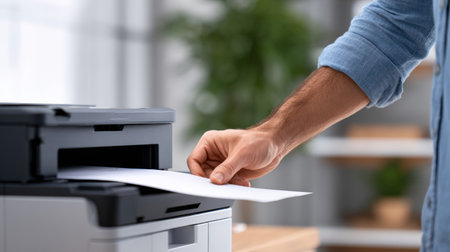Person with light skin tone is pulling printed paper from printer in contemporary office space, emphasizing productivity and organization in a work environmentの素材