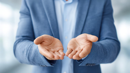 Male professional in a blue suit presents open hands, suggesting collaboration or support, with a soft-focus office environment enhancing the inviting atmosphereの素材