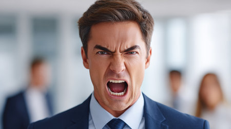 Male professional is shouting in an office, displaying strong emotions, with blurred figures in the background, emphasizing workplace dynamics and stressの素材