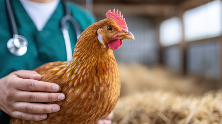 A veterinarian in green scrubs is holding a brown hen in a barn filled with straw, highlighting the importance of animal care and the bond between humans and animalsの素材