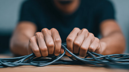 Male individual is holding tangled cables tightly on a wooden surface, expressing frustration with disorganization in technology and connectivity challengesの素材