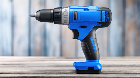 Blue electric drill positioned on wooden surface, highlighting its ergonomic design and practical features, perfect for various home improvement tasksの素材