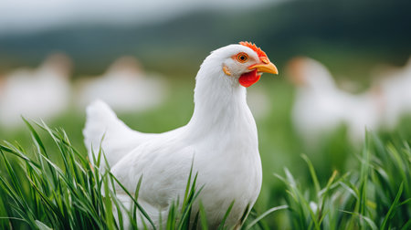 White hen is prominently positioned in vibrant green grass, with a tranquil farm setting in the background, highlighting the essence of rural life and natureの素材