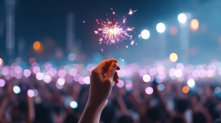 A hand holds a sparkler amidst a lively crowd at night, with colorful bokeh lights in the background, capturing the essence of celebration and happinessの素材
