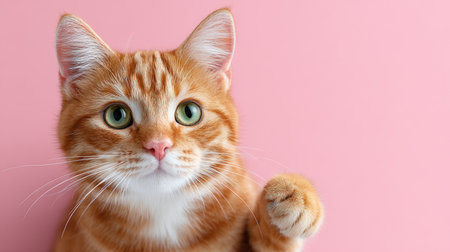 Playful orange tabby cat with bright green eyes is reaching out with its paw against a soft pink background, showing its adorable personality and charmの素材