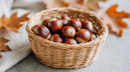 A woven basket filled with freshly harvested chestnuts, surrounded by colorful autumn leaves, highlighting the beauty of seasonal produce and nature's bountyの素材