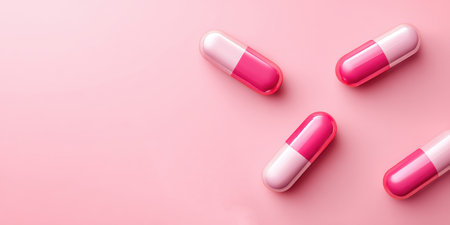 Vibrant pink and white capsules are artistically arranged on a soft pink surface, creating a visually appealing scene perfect for health and wellness conceptsの素材