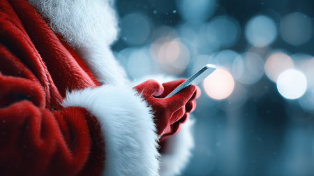 Santa Claus figure dressed in red and white, holding smartphone, with a blurred festive background, creating a joyful atmosphere of holiday cheer and technologyの素材