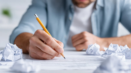 Man using pencil to write on paper, surrounded by crumpled sheets, illustrating the struggles and creativity involved in the brainstorming process and idea generationの素材