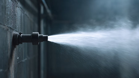 Water is forcefully spraying from a pipe in an industrial setting, creating a misty ambiance and emphasizing the textures of the walls and environmentの素材