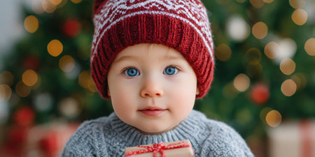 Child in red hat and gray sweater, holding gift, with holiday decorations and soft bokeh lights creating a warm, festive atmosphere for seasonal celebrationsの素材