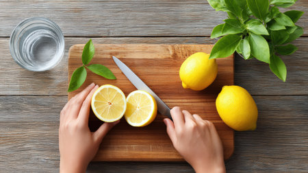 Person is cutting fresh lemons on wooden board, with green leaves and glass of water nearby, emphasizing culinary skills and fresh ingredientsの素材