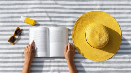 Woman's hands point at open book on striped blanket, with yellow sun hat and sunglasses nearby, evoking a serene summer reading atmosphereの素材