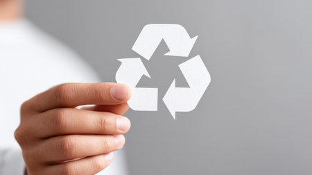 A hand presents a white paper recycling symbol against a soft gray background, highlighting the importance of sustainability and eco-friendly practices in everyday lifeの素材
