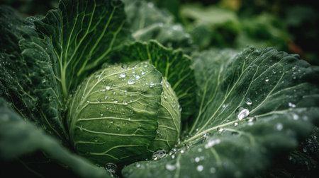 Close-up of green cabbage with dew drops on its leaves, nestled among rich green foliage, highlighting the freshness and vitality of organic gardeningの素材