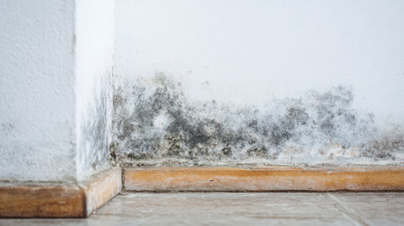 Dark mold patches are visible in the corner of a room, illustrating the importance of regular cleaning and maintenance for healthy indoor air qualityの素材