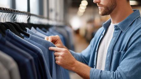 Casual male shopper inspects clothing on a rack in a modern retail space, highlighting various stylish garments and vibrant colors in a contemporary atmosphereの素材