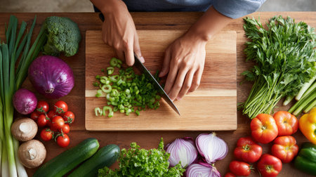 Person is chopping green onions on a wooden board, surrounded by vibrant vegetables like tomatoes, cucumbers, and herbs, emphasizing healthy cooking and preparationの素材