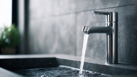 Chrome faucet is actively pouring water into a stylish stone sink, with a soft-focus green plant in the background, highlighting modern kitchen aestheticsの素材
