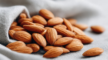 Almonds are beautifully arranged on soft gray fabric, highlighting their rich texture and color, perfect for food photography or health-focused contentの素材