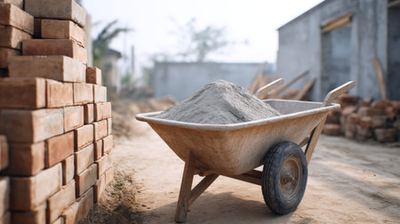 Wheelbarrow loaded with sand rests next to a brick stack on a construction site, highlighting essential materials and tools in a busy work atmosphereの素材