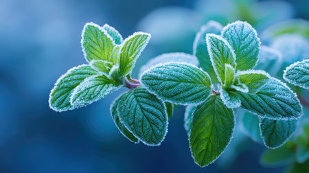 Frosted mint leaves are beautifully illuminated by soft morning light, highlighting their rich textures and vibrant colors, evoking a sense of tranquility and freshnessの素材